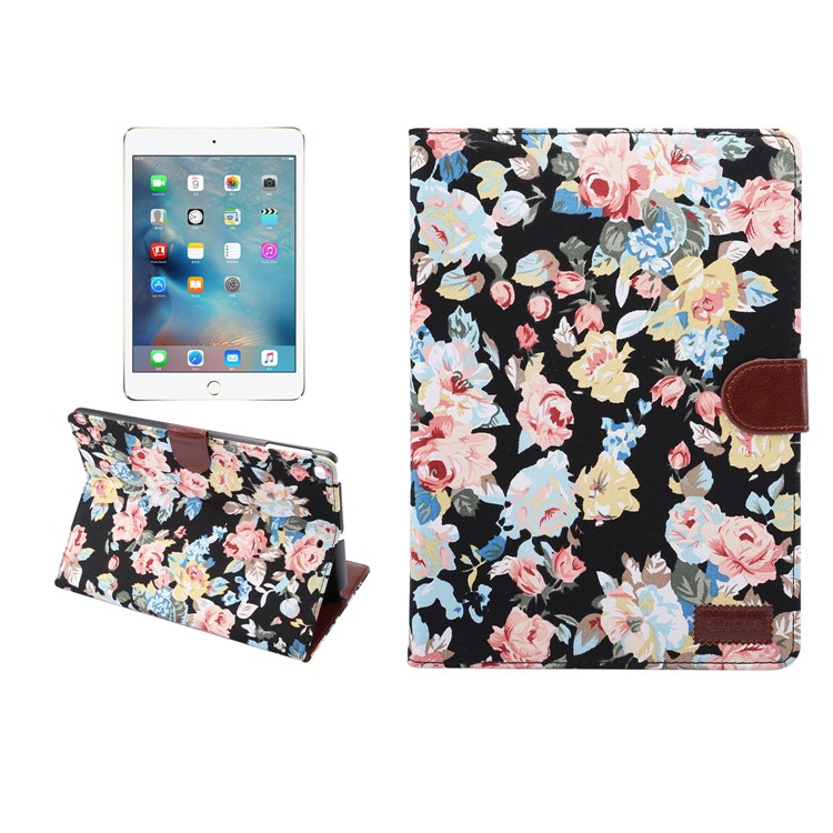 Flowers Cloth Skin Smart Leather Card Holder Wallet Case Cover for iPad Pro 9.7 inch / Air 2 / Air - Black Background-1