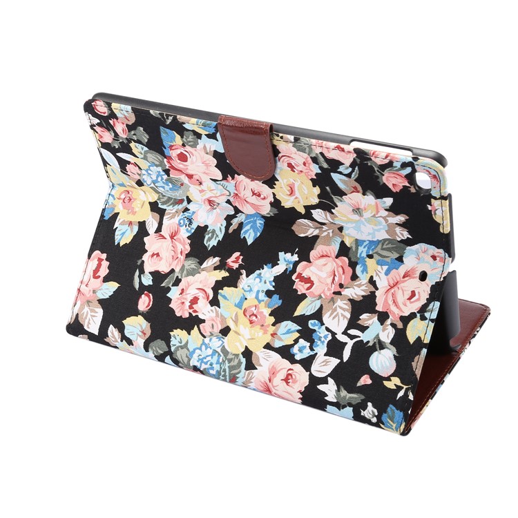 Flowers Cloth Skin Smart Leather Card Holder Wallet Case Cover for iPad Pro 9.7 inch / Air 2 / Air - Black Background-4