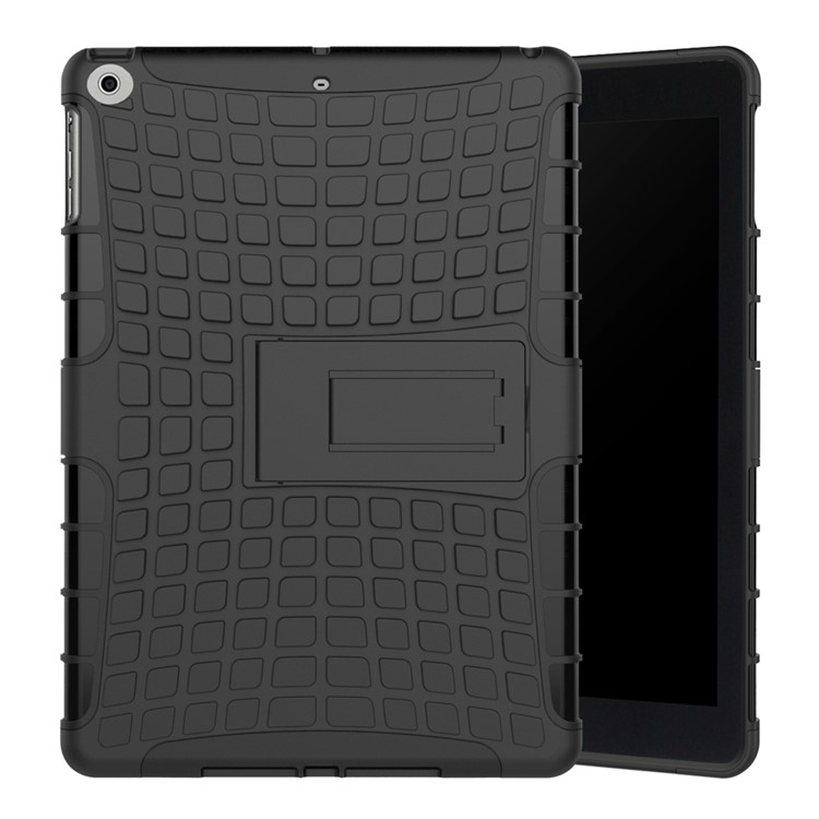 For iPad 9.7-inch (2017) Anti-slip Tire Pattern Kickstand PC TPU Hybrid Tablet Case - Black-1