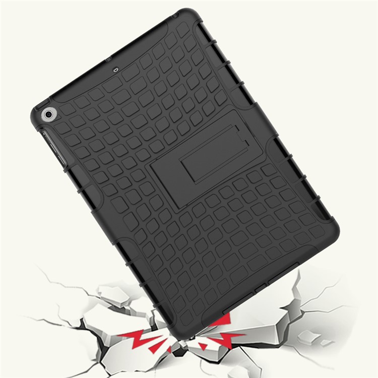 For iPad 9.7-inch (2017) Anti-slip Tire Pattern Kickstand PC TPU Hybrid Tablet Case - Black-10
