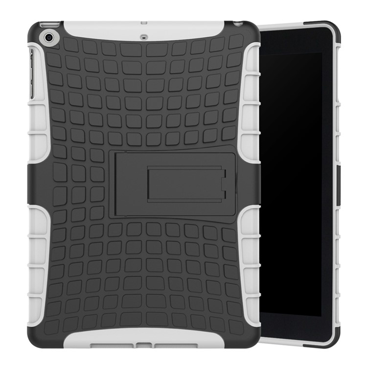 Anti-slip Tire Pattern Kickstand PC TPU Hybrid Protector Case for iPad 9.7 (2018) / 9.7 (2017) - White-1