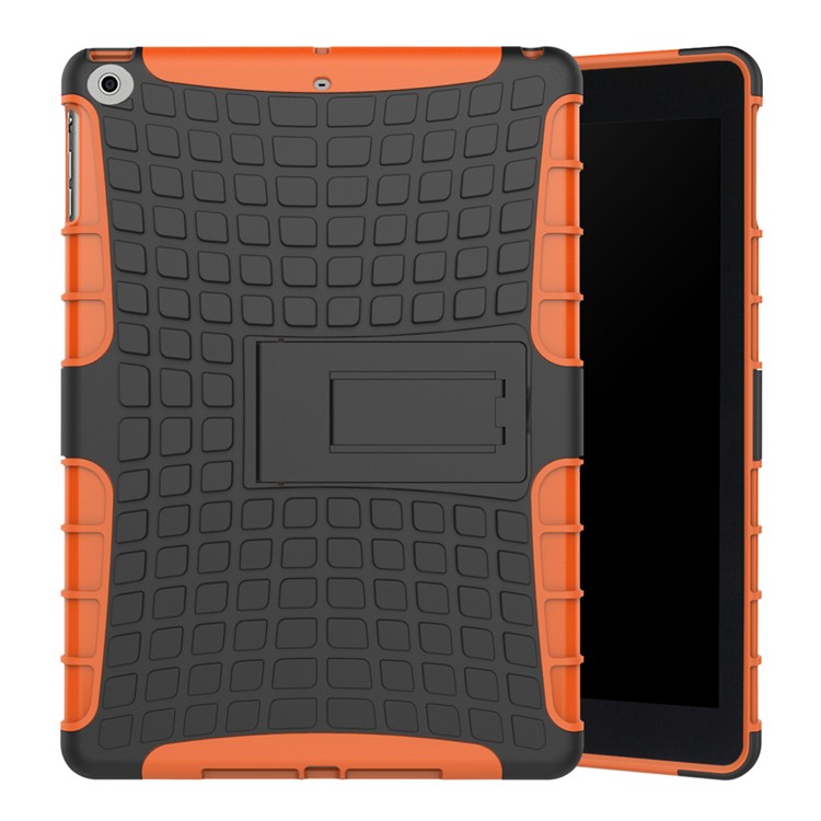 Anti-slip Tire Pattern PC TPU Hybrid Kickstand Cover Case for iPad 9.7 (2018) / 9.7 (2017) - Orange-1