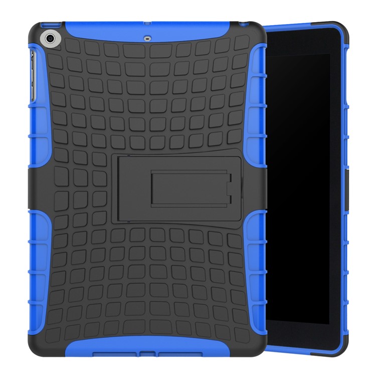 Anti-slip Tire Pattern Kickstand Hybrid PC TPU Protector Cover for iPad 9.7 (2018) / 9.7 (2017) - Blue-1