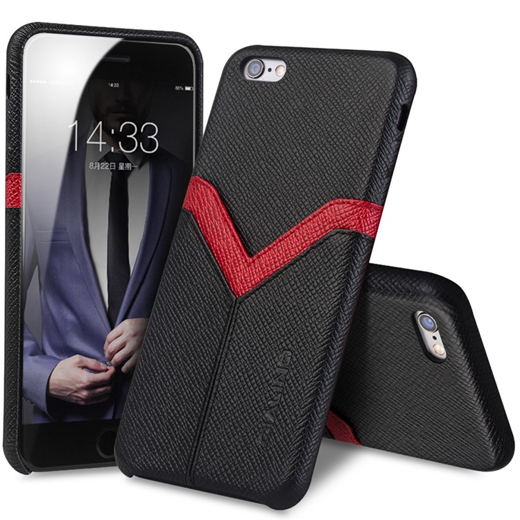 QIALINO Red V-shape Card Slot Cowhide Leather Coated PC Cover for iPhone 6s Plus / 6 Plus - Black-1