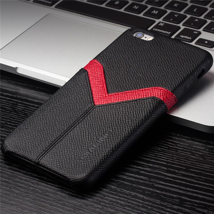 QIALINO Red V-shape Card Slot Cowhide Leather Coated PC Cover for iPhone 6s Plus / 6 Plus - Black-10