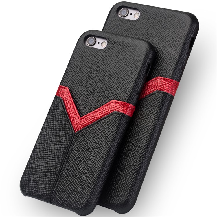 QIALINO Red V-shape Card Slot Cowhide Leather Coated PC Cover for iPhone 6s Plus / 6 Plus - Black-6