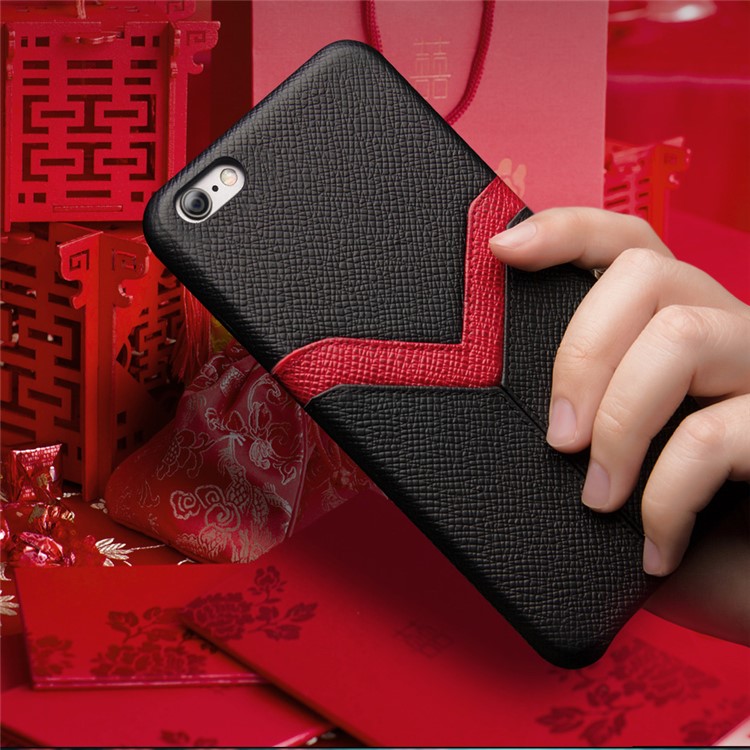 QIALINO Red V-shape Card Slot Cowhide Leather Coated PC Cover for iPhone 6s Plus / 6 Plus - Black-7