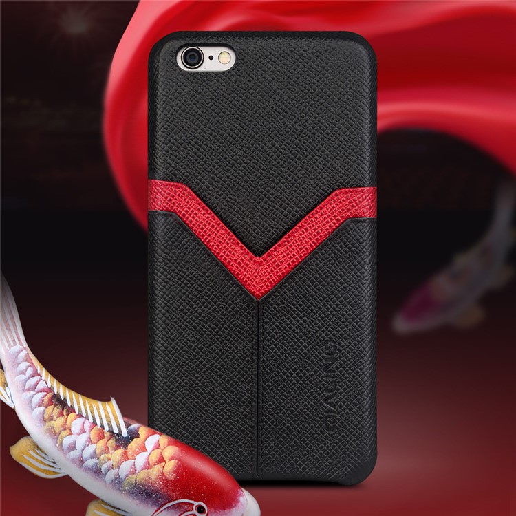 QIALINO Red V-shape Card Slot Cowhide Leather Coated PC Cover for iPhone 6s Plus / 6 Plus - Black-9