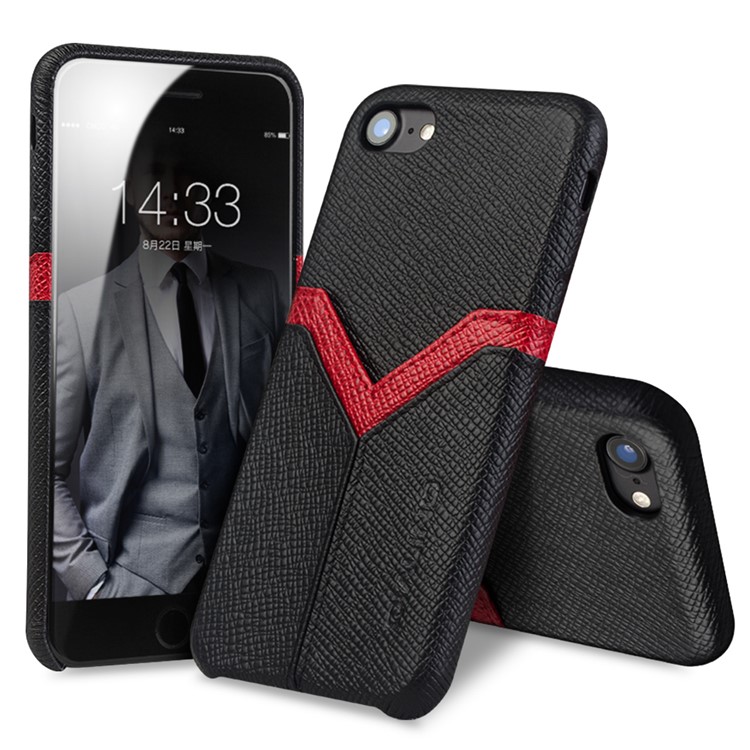 QIALINO Cross Texture Cowhide Leather Coated PC Back Case with Card Slot for iPhone 8 / 7 4.7 inch-1