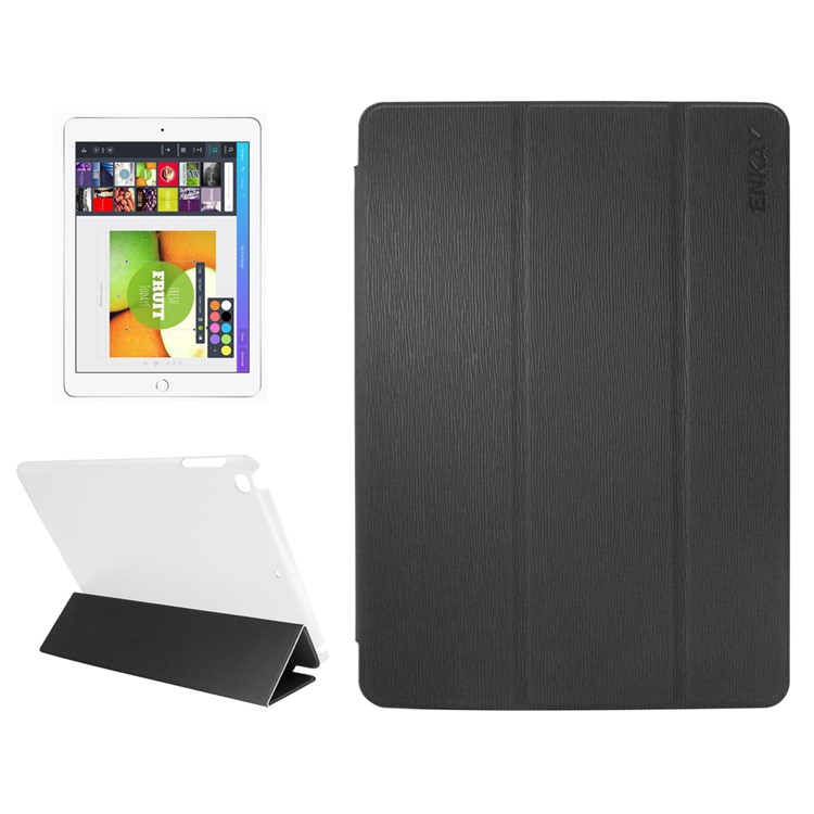 ENKAY Toothpick Grain Smart Leather Tri-fold Stand Case for iPad 9.7 inch (2017) - Black-1