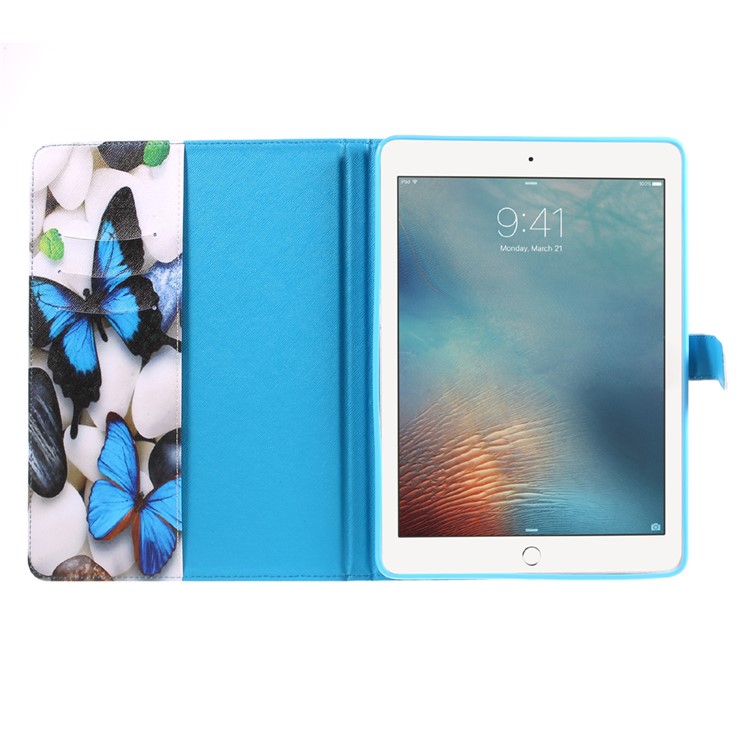 Pattern Printing Leather Wallet Stand Tablet Case for iPad 9.7 (2018) / 9.7 (2017) - Blue Butterflies and Pebbles-6