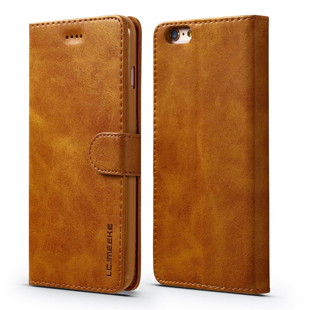 LC.IMEEKE Genuine Split Leather Wallet Phone Case with Stand for iPhone 6s / 6 - Light Brown-1