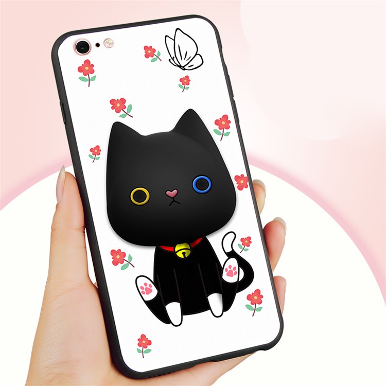 3D Cute Cartoon Earphone Winder Stand PC+Silicone Case for iPhone 6 Plus - Cat and Flower-1