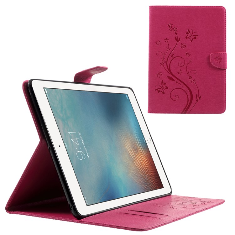 For iPad 9.7 inch (2017) Imprinted Butterfly Flowers Wallet Leather Tablet Shell Cover with Stand - Rose-1