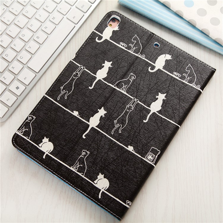 Pattern Printing Wallet Leather Stand Case for iPad 9.7-inch (2017) - Cats Engaging in Different Activities-10