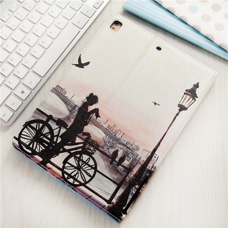 For iPad 9.7 (2018) / 9.7 (2017) Pattern Printing Wallet Leather Foldable Tablet Case - Young Lady beside a Bike-10