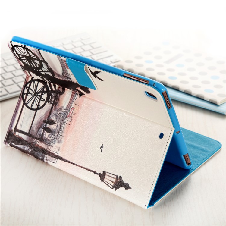 For iPad 9.7 (2018) / 9.7 (2017) Pattern Printing Wallet Leather Foldable Tablet Case - Young Lady beside a Bike-5