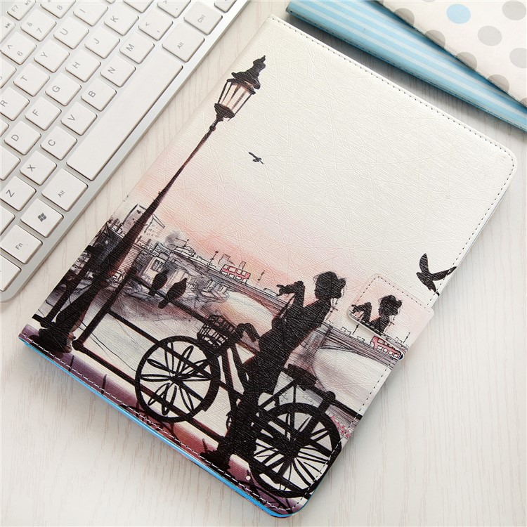 For iPad 9.7 (2018) / 9.7 (2017) Pattern Printing Wallet Leather Foldable Tablet Case - Young Lady beside a Bike-9