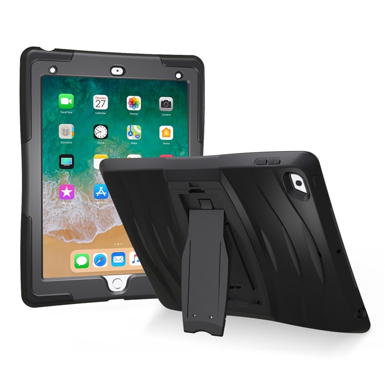 For iPad 9.7-inch (2017) Rugged Impact Resistant Kickstand PC + Silicone Protector Case - Black