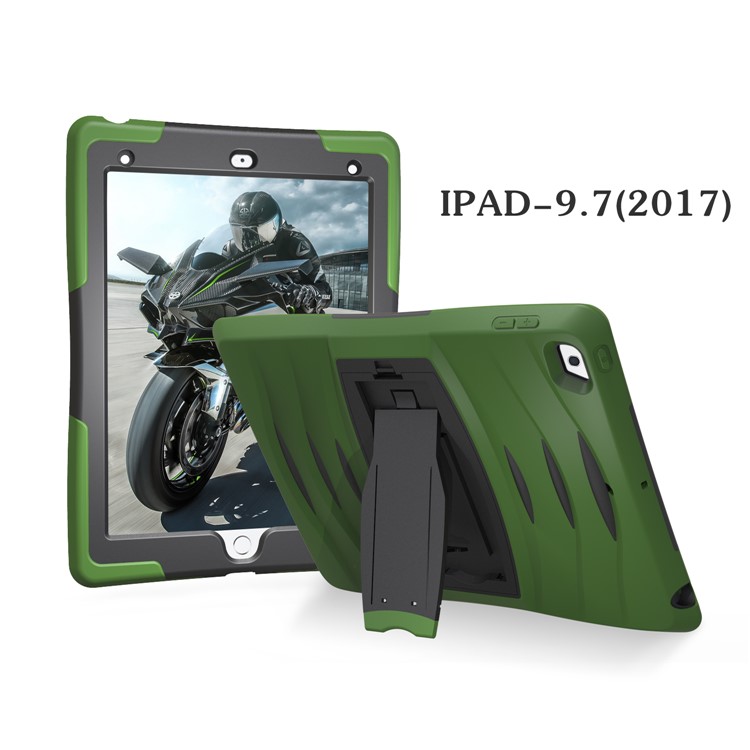 Rugged Impact Resistant Kickstand PC + Silicone Tablet Cover with Kickstand for iPad 9.7-inch (2017) - Dark Green-17