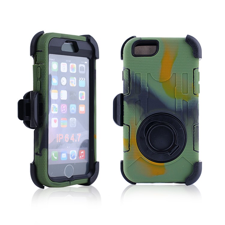 For iPhone 6s 6 4.7 Ring Kickstand Heavy Duty Silicone + PC Protection Phone Cover with Belt Clip - Camouflage-1