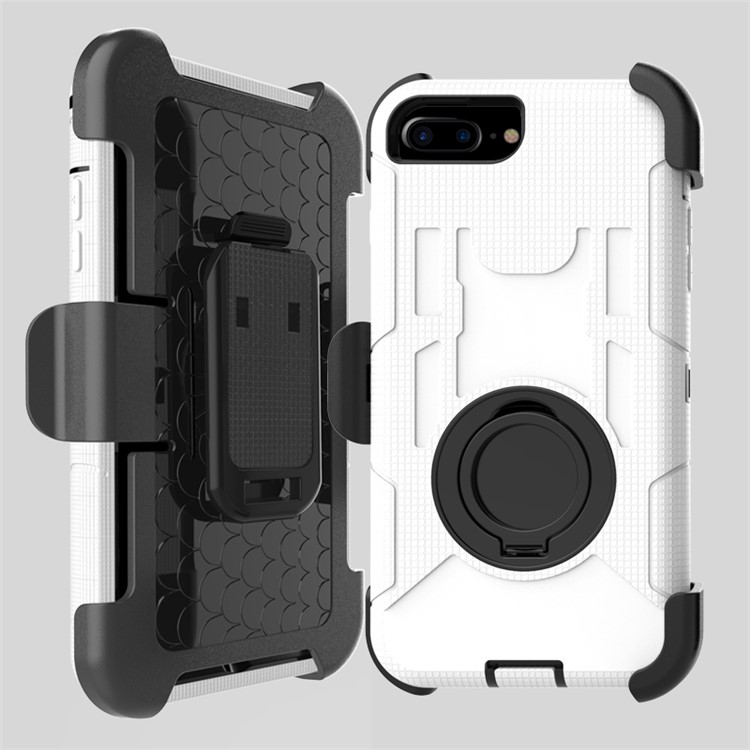 

Heavy Duty Silicone + PC Hybrid Cover with Belt Clip and Ring Kickstand for iPhone 8 Plus / 7 Plus 5.5 inch - White