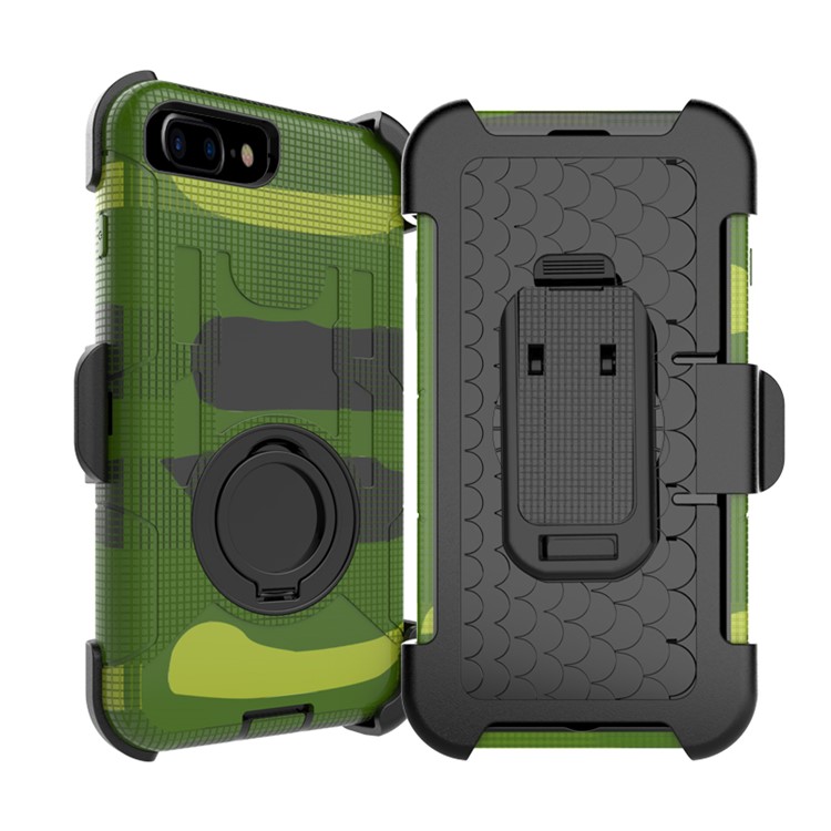 Heavy Duty Silicone + PC Combo Mobile Casing with Belt Clip and Ring Kickstand for iPhone 7 Plus 5.5 inch - Camouflage-3