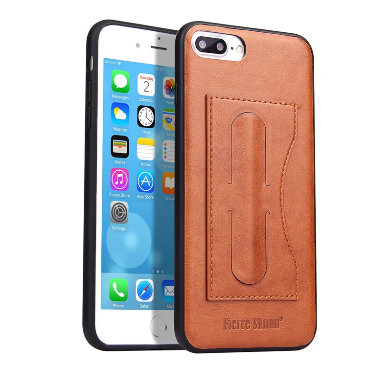 

FIERRE SHANN Card Slot PU Leather Skin TPU Phone Case with Stand for iPhone 8 Plus / 7 Plus 5.5 inch - Brown
