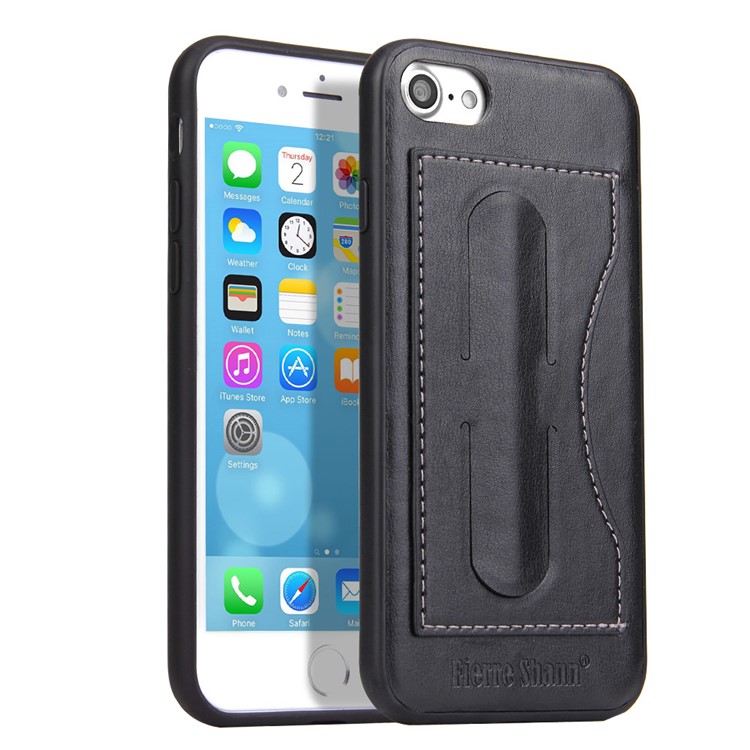 FIERRE SHANN Card Slot PU Leather Skin TPU Phone Cover with Stand for iPhone 7 4.7 inch - Black-1
