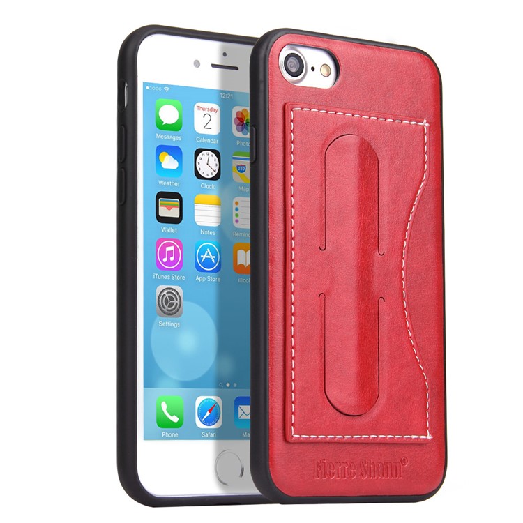 FIERRE SHANN Card Holder PU Leather Skin TPU Phone Cover with Stand for iPhone 8 / 7 4.7 inch - Red-1