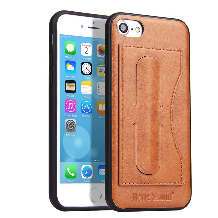 FIERRE SHANN Card Slot PU Leather Skin TPU Cell Phone Shell with Stand for iPhone 8 / 7 4.7 inch - Brown-1