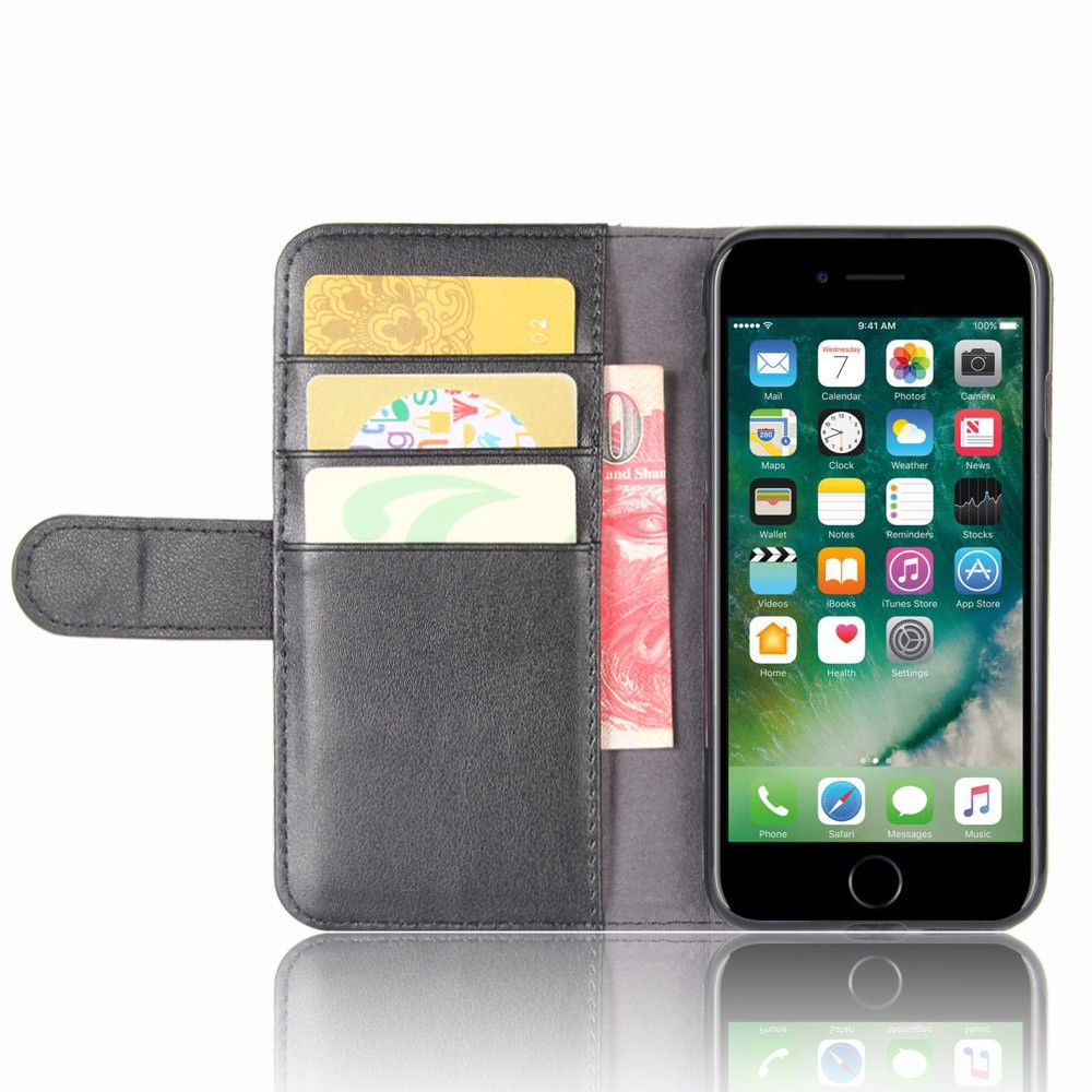 Cubierta Protectora de Teléfono de Billetera de Cuero Dividido Genuino Con Soporte Para Iphone SE (2020)/SE (2022)/8/7 4.7 Pulgadas - Negro