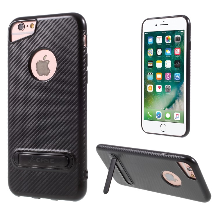 J-CASE Carbon Fiber Texture Kickstand TPU Phone Case for iPhone 6S/6 4.7 inch - Black-1