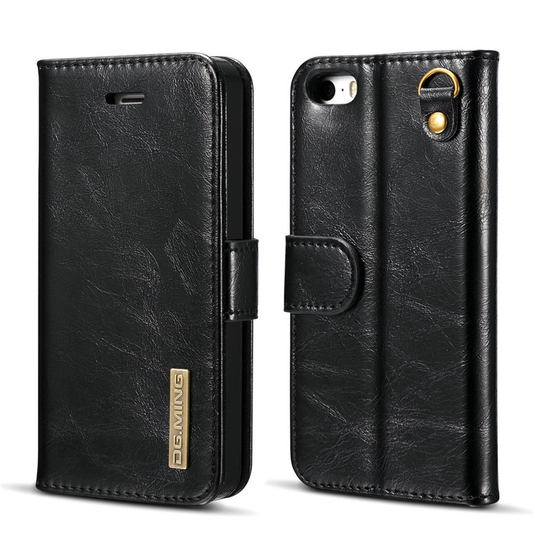 DG.MING Microfiber Genuine Leather Detachable Phone Case with Card Slots for iPhone SE 5s 5 - Black-2