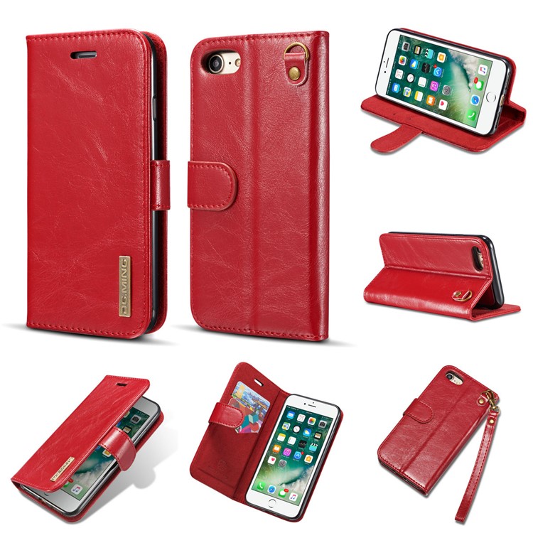DG.MING Microfiber Genuine Leather Mobile Phone Shell with Card Holder for iPhone 8 / 7 4.7 inch - Red-1