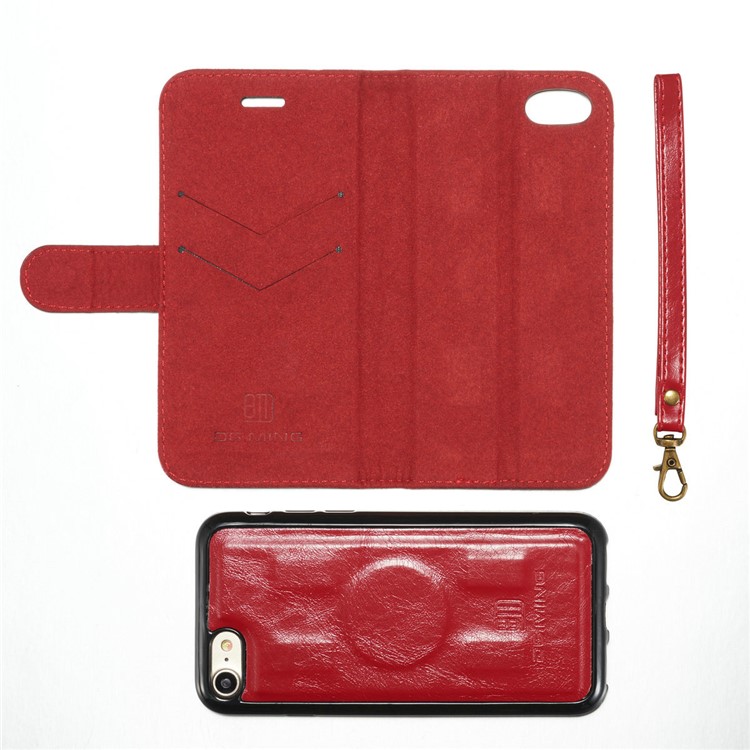 DG.MING Microfiber Genuine Leather Mobile Phone Shell with Card Holder for iPhone 8 / 7 4.7 inch - Red-14