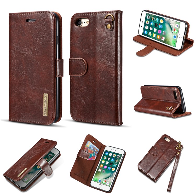 DG.MING Microfiber Genuine Leather Card Slots Stand Cover with Lanyard for iPhone 8 / 7 4.7 inch - Coffee-1