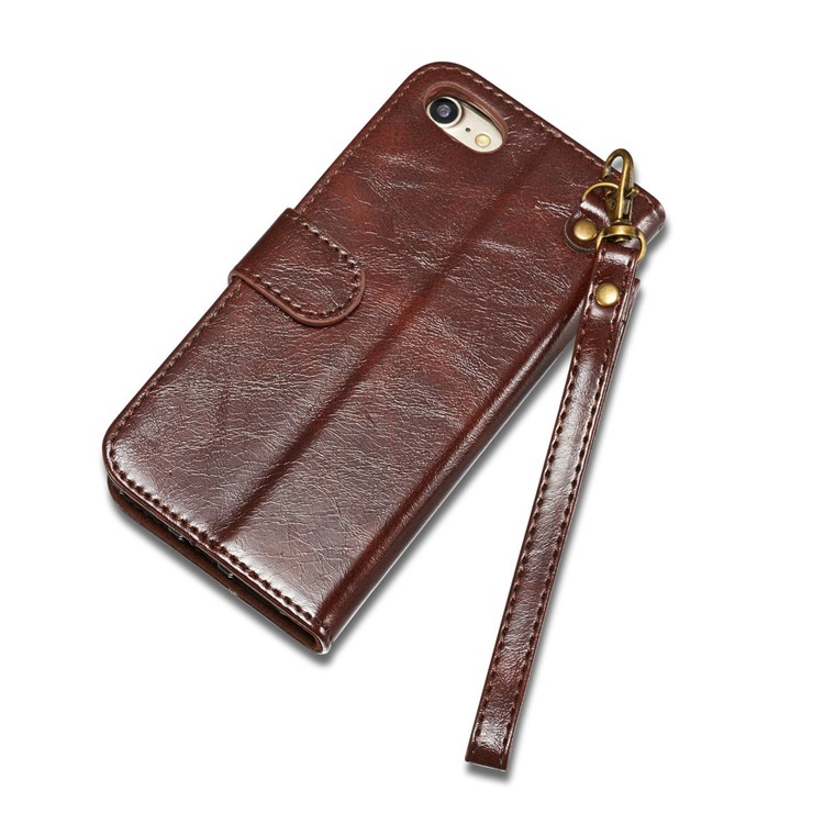 DG.MING Microfiber Genuine Leather Card Slots Stand Cover with Lanyard for iPhone 8 / 7 4.7 inch - Coffee-10
