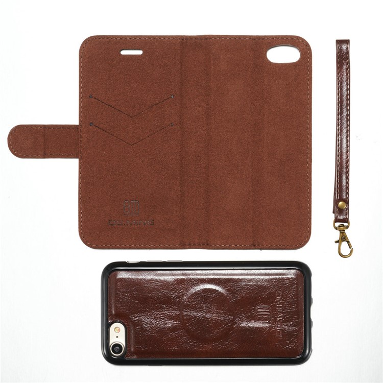 DG.MING Microfiber Genuine Leather Card Slots Stand Cover with Lanyard for iPhone 8 / 7 4.7 inch - Coffee-14