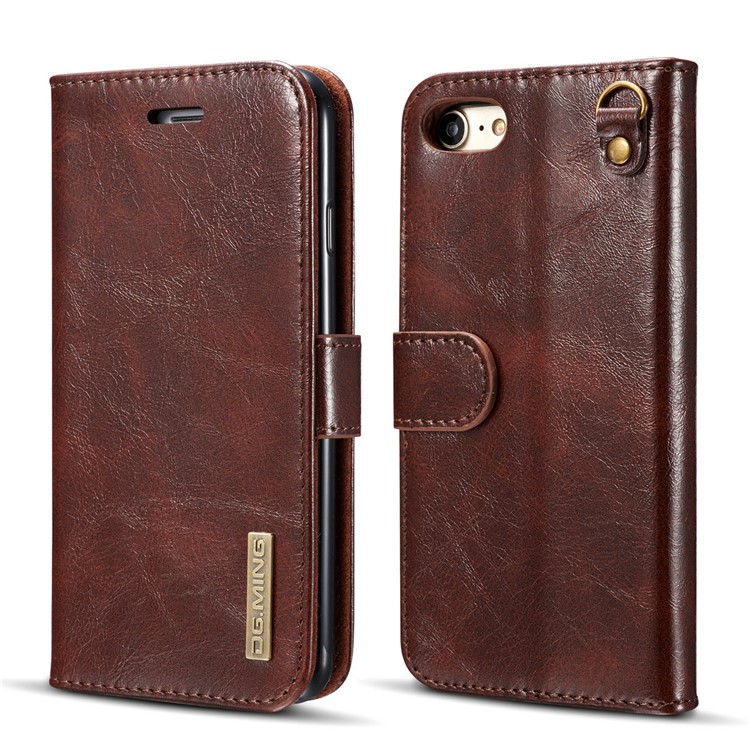 DG.MING Microfiber Genuine Leather Card Slots Stand Cover with Lanyard for iPhone 8 / 7 4.7 inch - Coffee-2