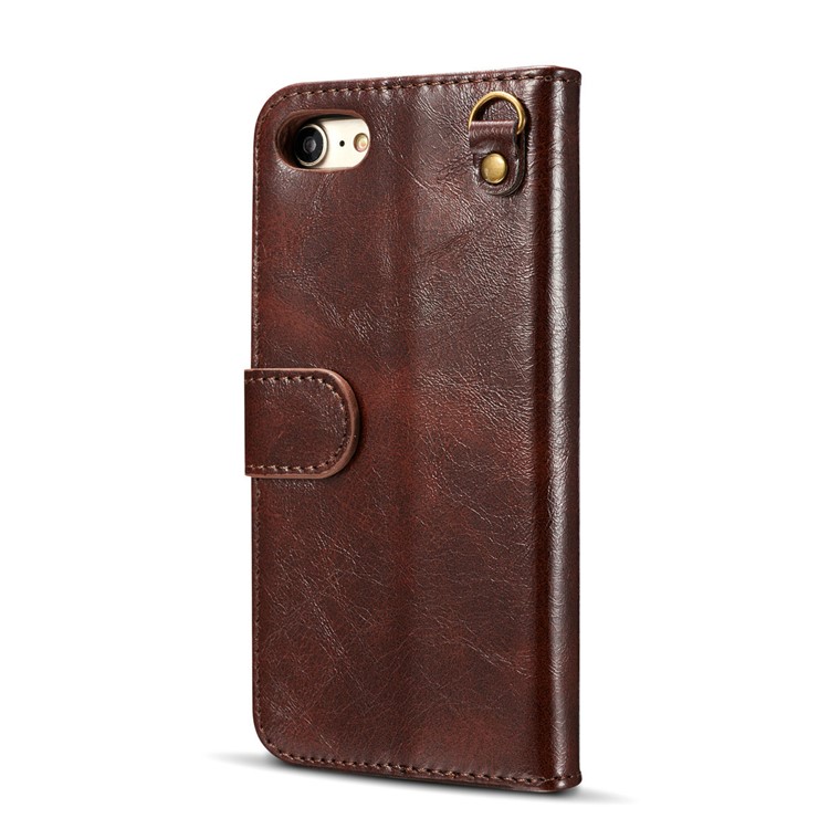 DG.MING Microfiber Genuine Leather Card Slots Stand Cover with Lanyard for iPhone 8 / 7 4.7 inch - Coffee-4