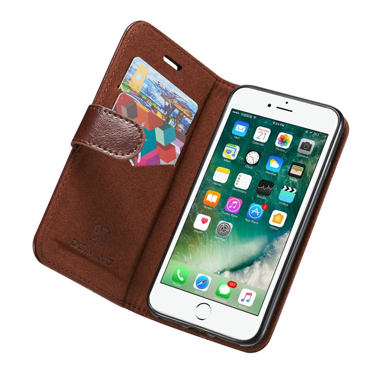 DG.MING Microfiber Genuine Leather Card Slots Stand Cover with Lanyard for iPhone 8 / 7 4.7 inch - Coffee-7