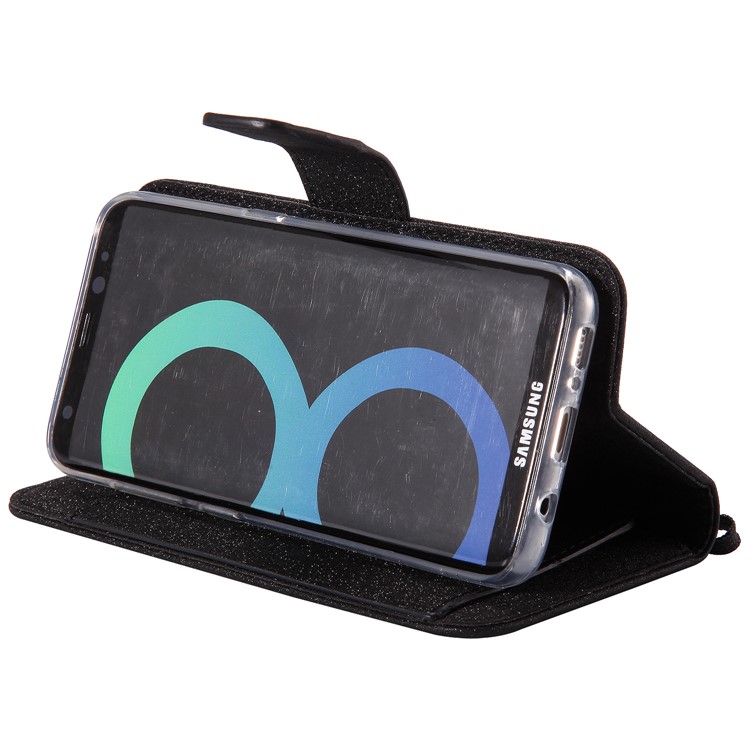 Removable 2-in-1 Imprint Glittery Powder Leather Wallet Stand Phone Case with Strap for Samsung Galaxy S8 G950 - Black-10