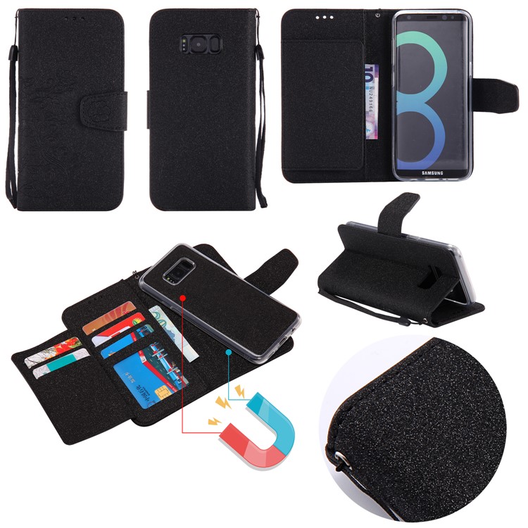 Removable 2-in-1 Imprint Glittery Powder Leather Wallet Stand Phone Case with Strap for Samsung Galaxy S8 G950 - Black-3