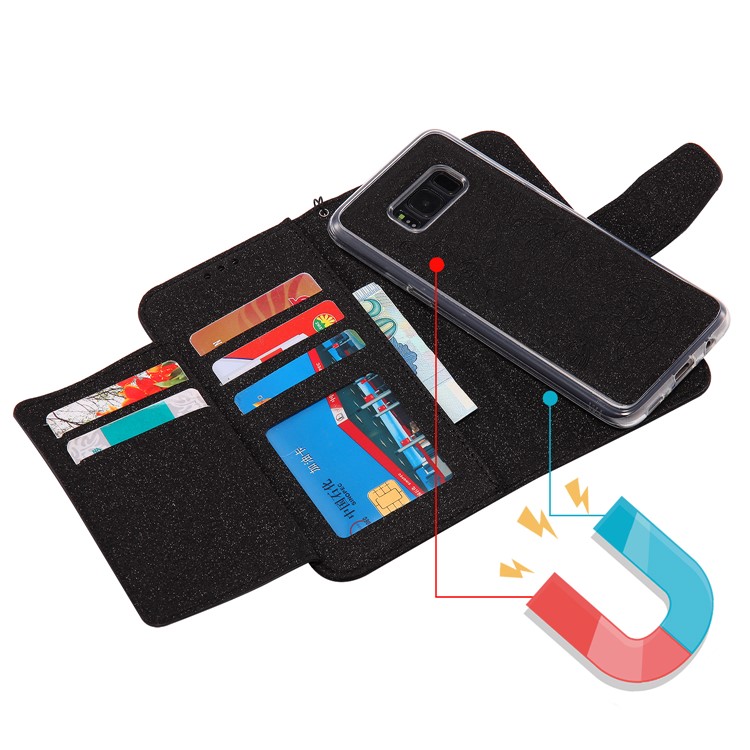 Removable 2-in-1 Imprint Glittery Powder Leather Wallet Stand Phone Case with Strap for Samsung Galaxy S8 G950 - Black-9