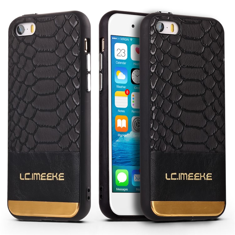LC.IMEEKE Crocodile Texture PU Leather Coated TPU Mobile Back Case for iPhone SE - Black-2