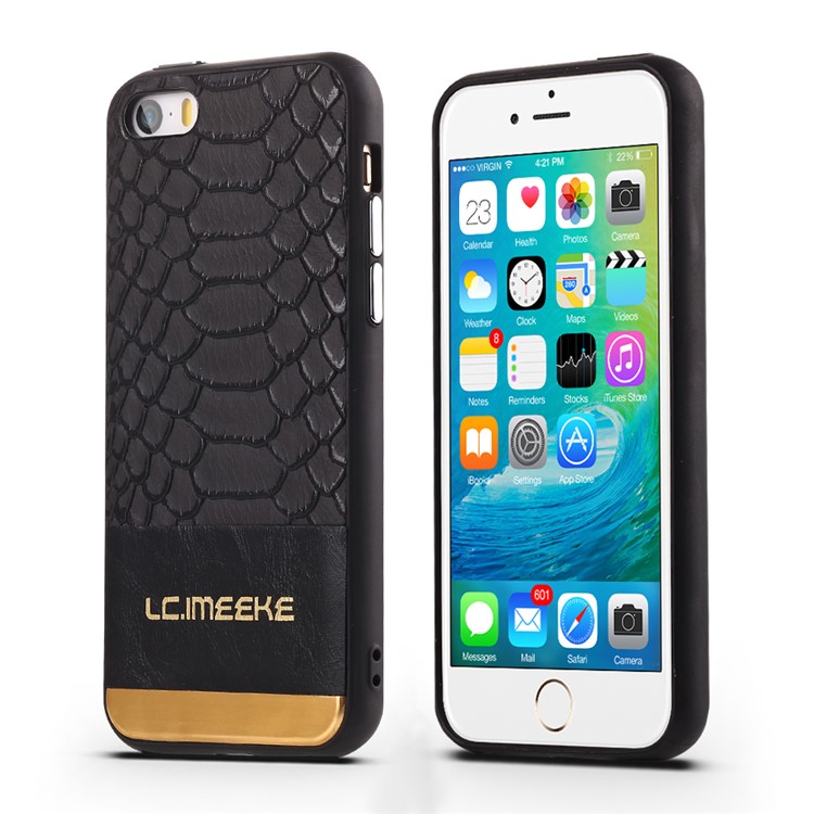 LC.IMEEKE Crocodile Texture PU Leather Coated TPU Mobile Back Case for iPhone SE - Black-3