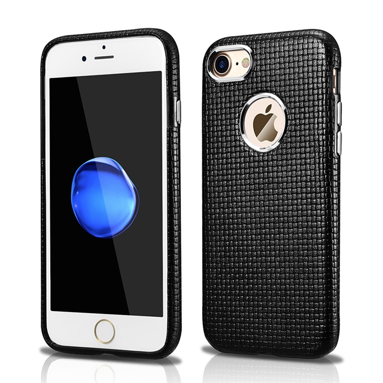 ICARER Woven Pattern Cowhide Leather Coated TPU Case for iPhone 7 4.7 inch - Black-1