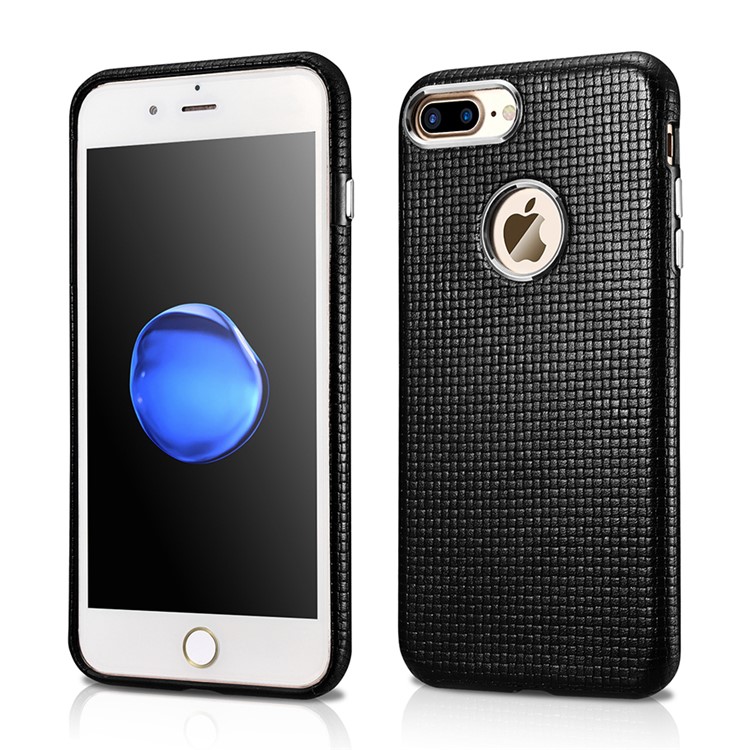 ICARER Woven Pattern Cowhide Leather Coated TPU Back Case for iPhone 7 Plus 5.5 inch - Black-1