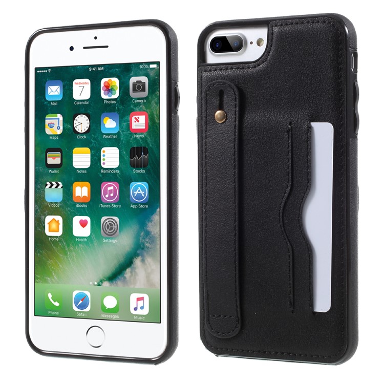 For iPhone 7 Plus 5.5 inch Card Holder PU Leather Coated Soft TPU Case with Handle Strap - Black-1